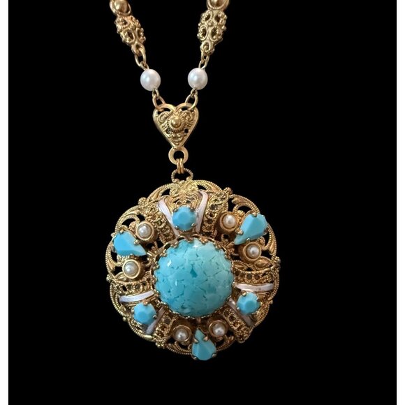 Vtg W Germany Gold-Tone Necklace Faux Turquoise & Pearl Filigree Pendant SIGNED - Picture 5 of 9